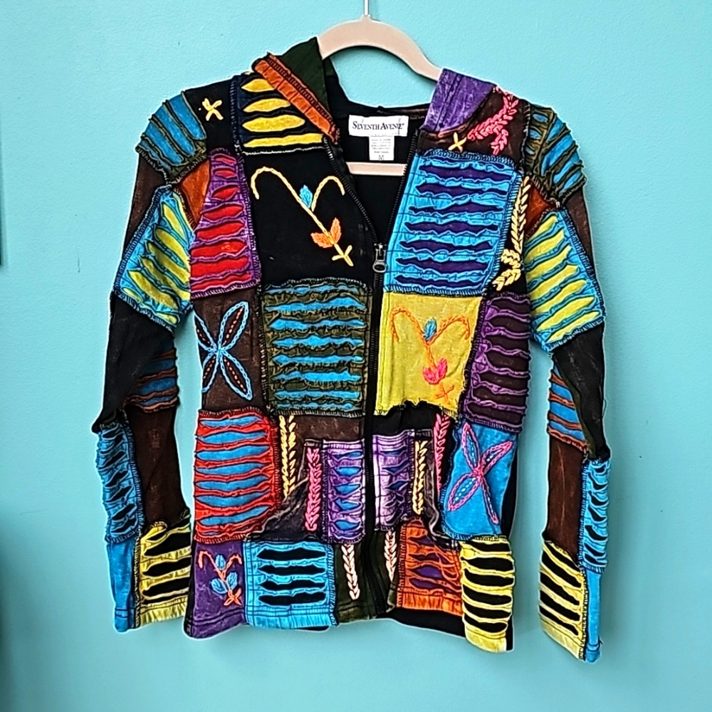SEVENTH AVENUE | Hippie Patchwork Razor Cut Gypsy Hooded Jacket Bohemian, Size M - Picture 1 of 9